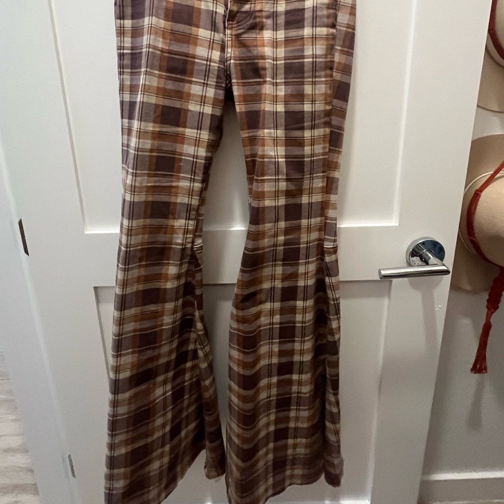 Free People Plaid Flare Pants in Brown and Tan
